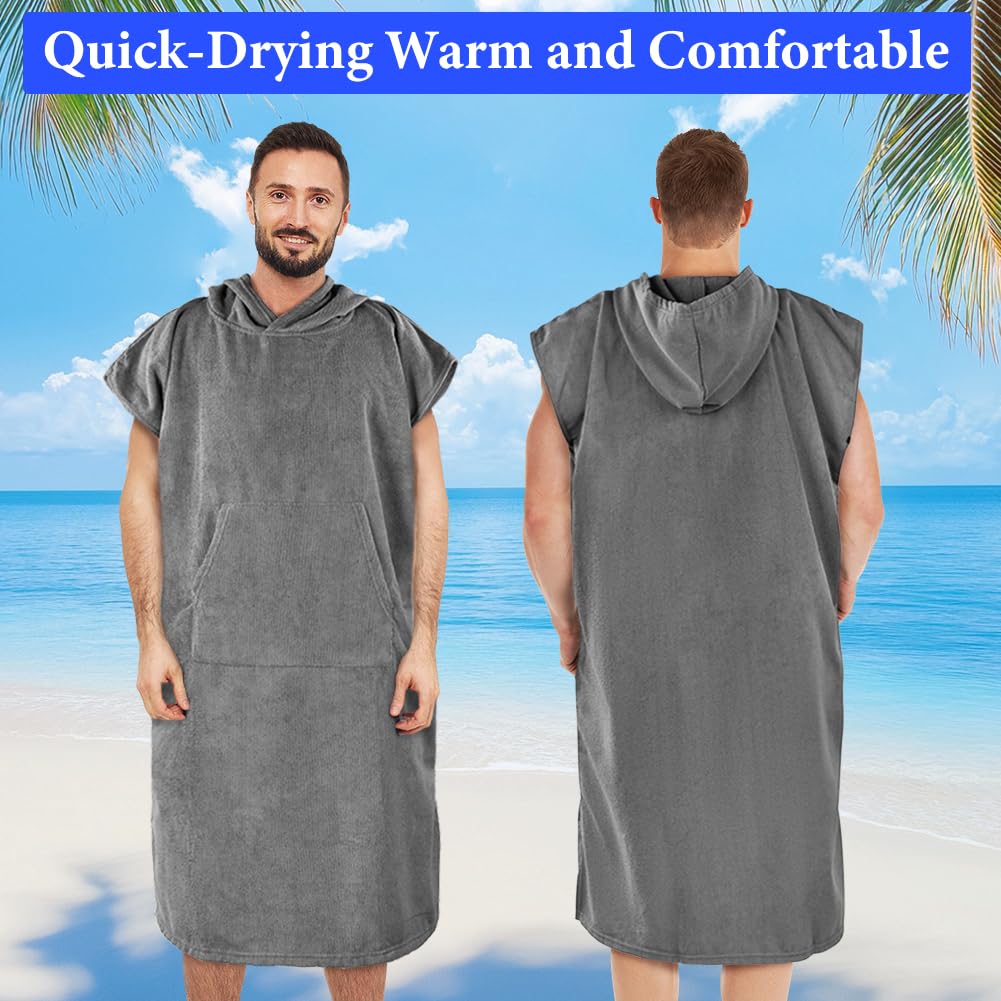 AUYAO Poncho Surf, 110cmX78cm Poncho de Toalla con Capucha para Adultos, Capa Cambiarse, Microfibra de Secado Rápido, Toalla Poncho con Bolsillos Unisex Ideal para Vacaciones Surf Playa, Gris Claro