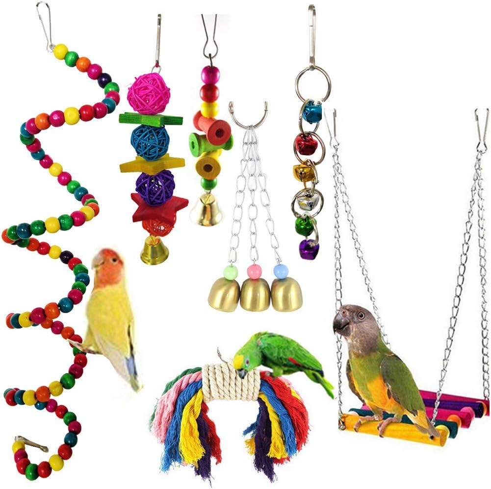 AllGoodWare Bird Parrot Toys, Wooden Bird Swing Chewing Toys Hanging Perch for Parakeets, Mynah, Cockatiel Macow, Coconut Bird, Love Birds