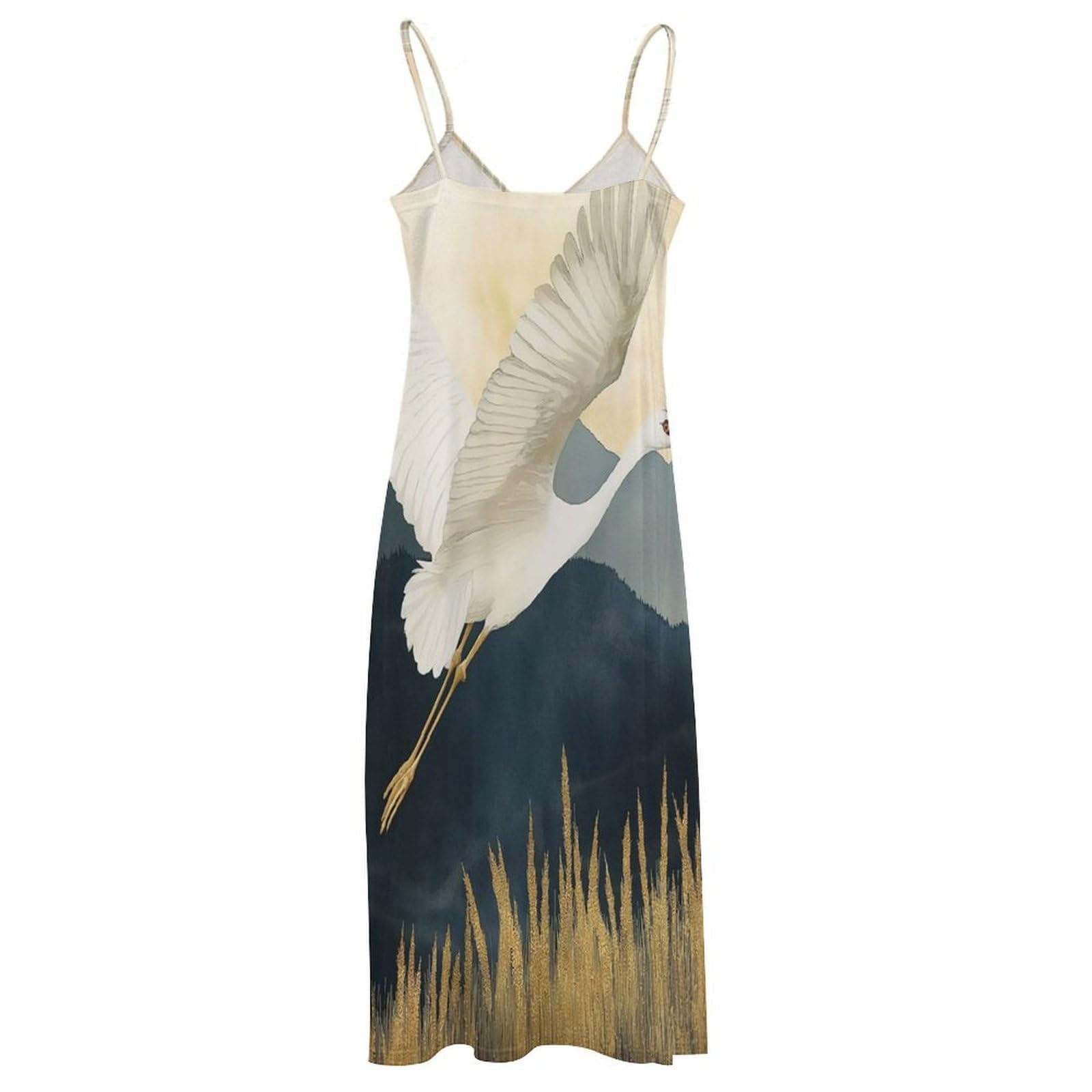 Abito Estivo da Donna - Gru Animali Abito Lungo Ampio Senza Maniche con Scollo A V E Spalline Sottili, Modello A Trapezio, Elegante Abito da Festa.