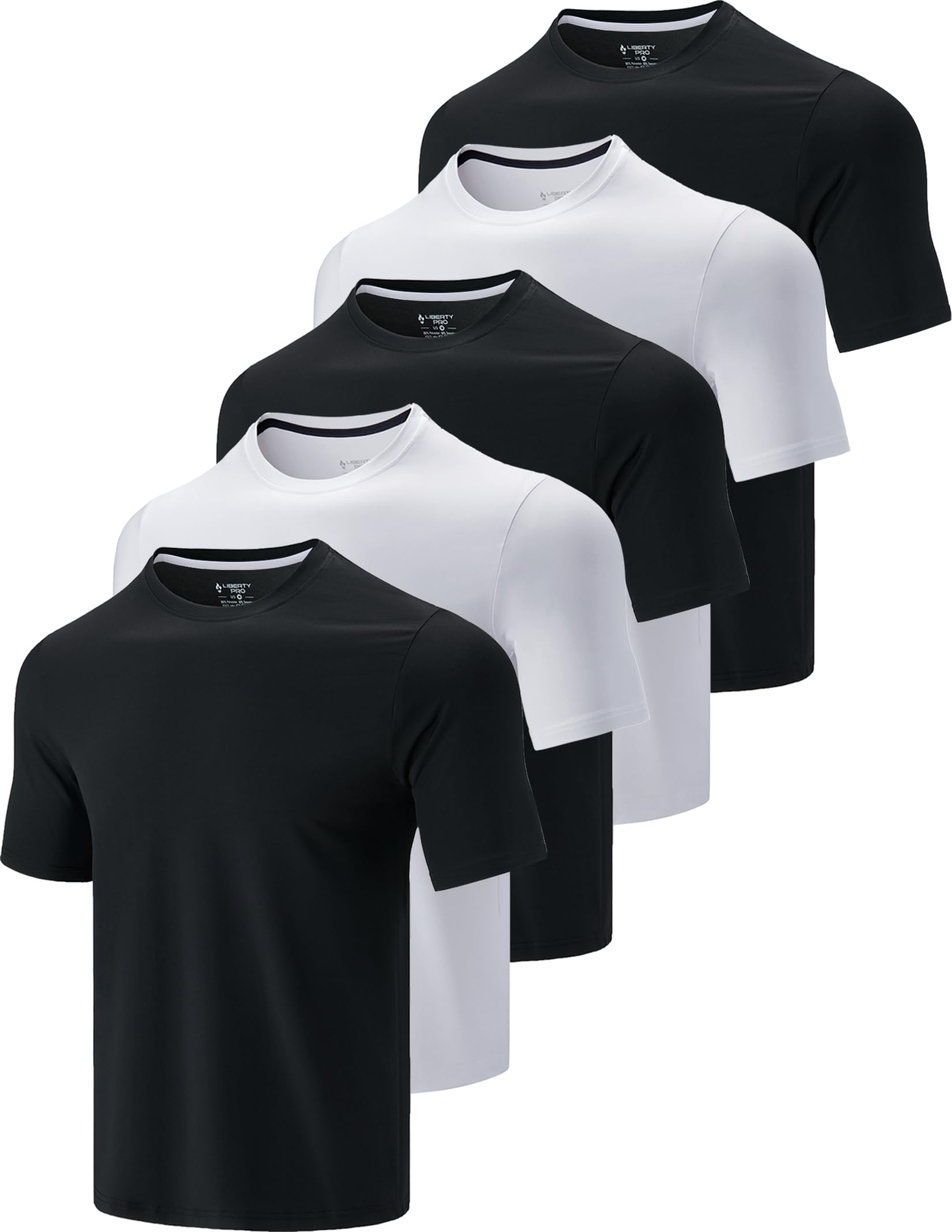 5 Pack Men’s Active Quick Dry Crew Neck T Shirts | Athletic Running Gym Workout Short Sleeve Tee Tops Bulk, Black/White, Medium
