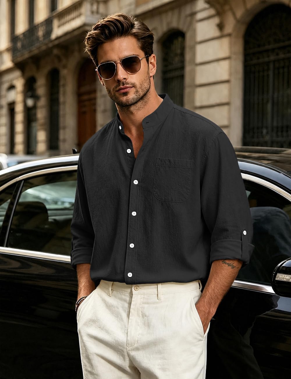Men's Cotton Linen Shirts Long Sleeve Button Down Shirt Band Collar Beach Summer Casual Shirts Black