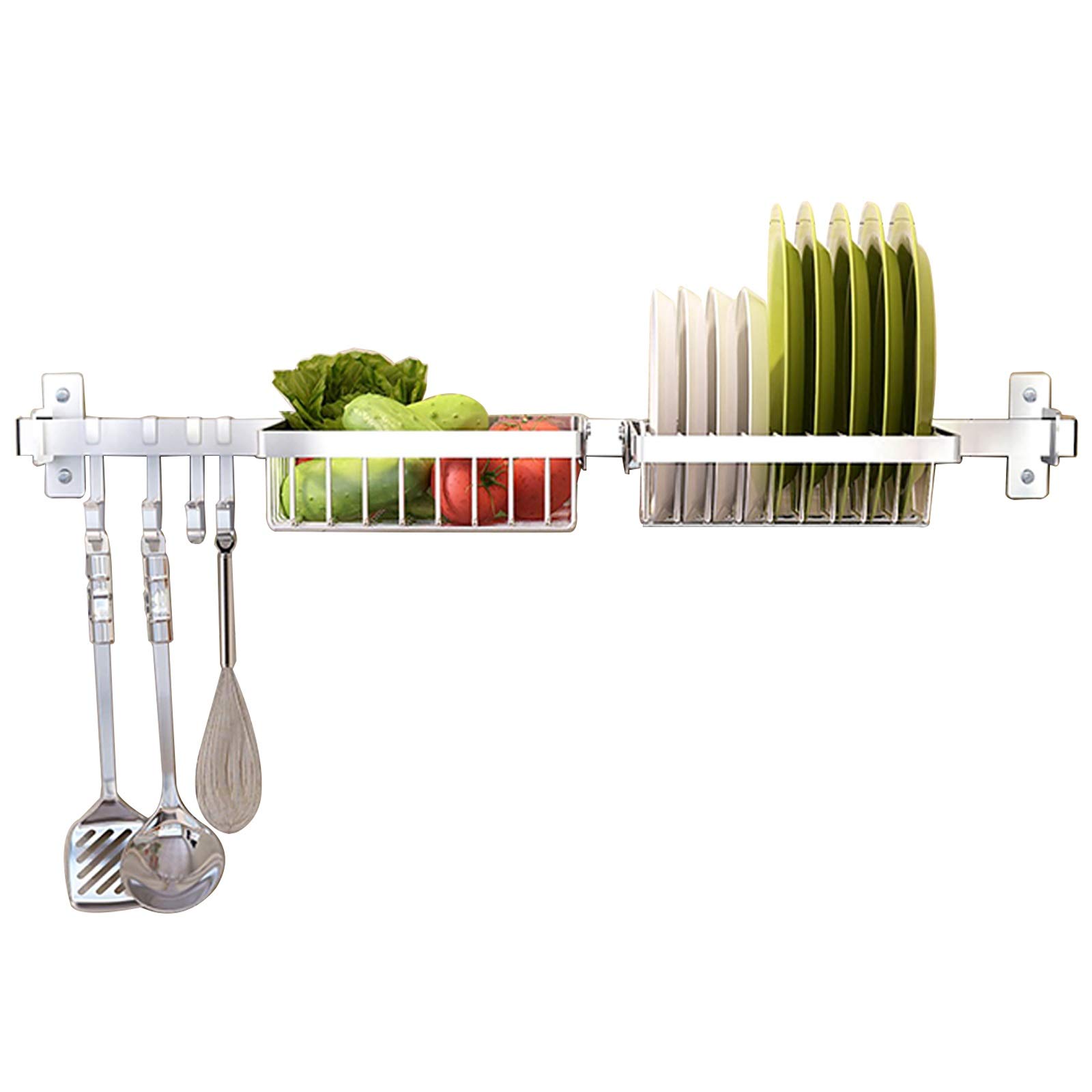 SDVantage Wallmounted Dish Rack Stainless Steel 304 Nizer with Fruit Basket 4 Hooks Spacesaving Kitchen Storage Solution for Plates and Utensils