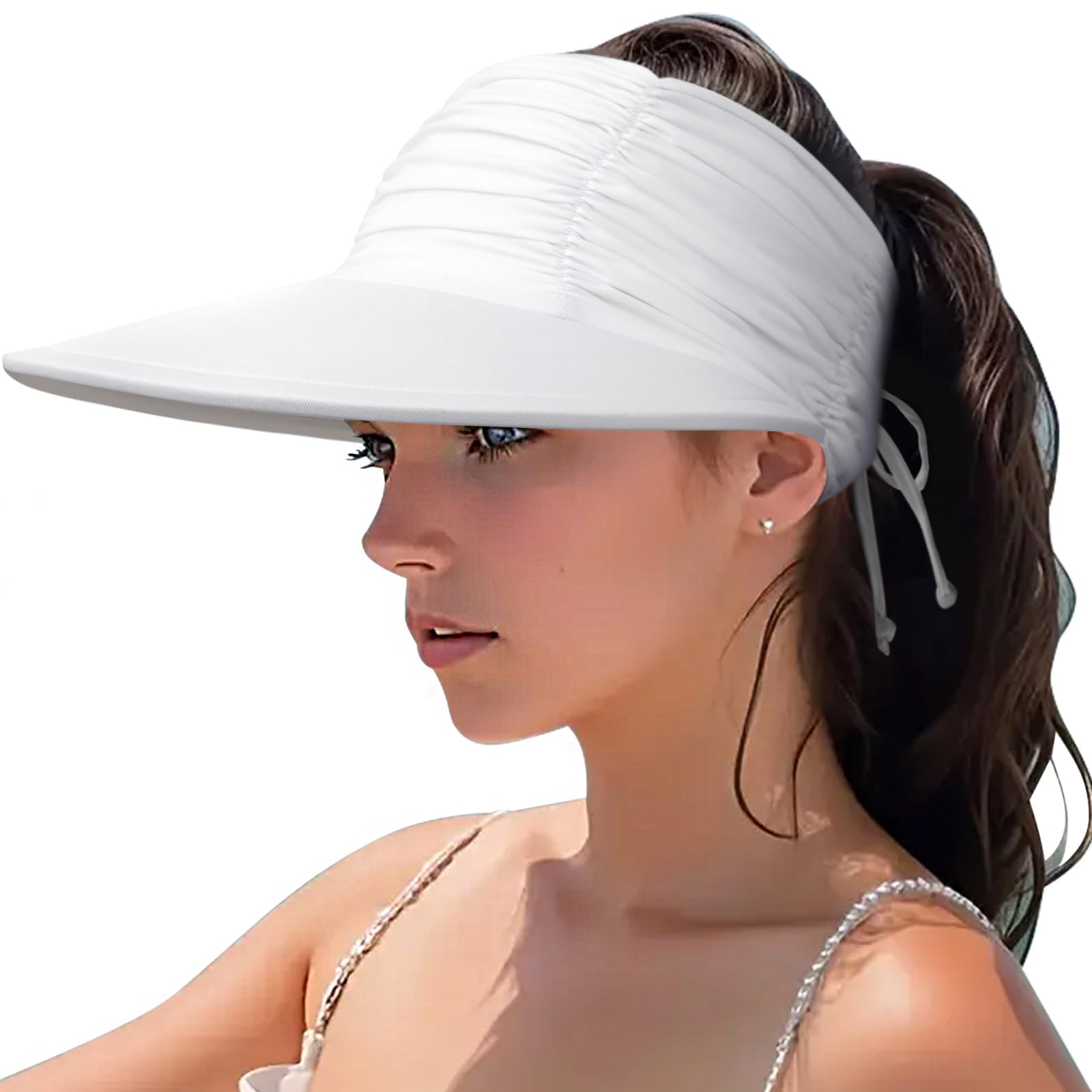 Dreshow Women's 1 Pc Visor Hat: 96A-White Visor Hat Wide Brim Adjustable Foldable Ponytail Beach Hat Summer Upf 50+