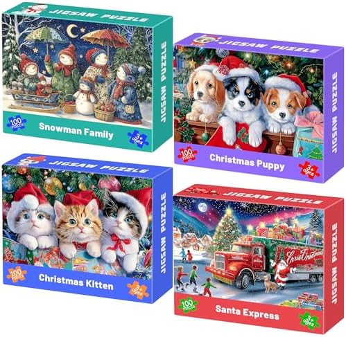 100 Piece Puzzles for Kids Ages 4-6 6-8 8-10, 4 Pack Christmas Kitty Puppy Snowman Santa Jigsaw Puzzles, Kids Puzzles Learning Educational Toys Christmas Puzzle Gifts for Boys Girls