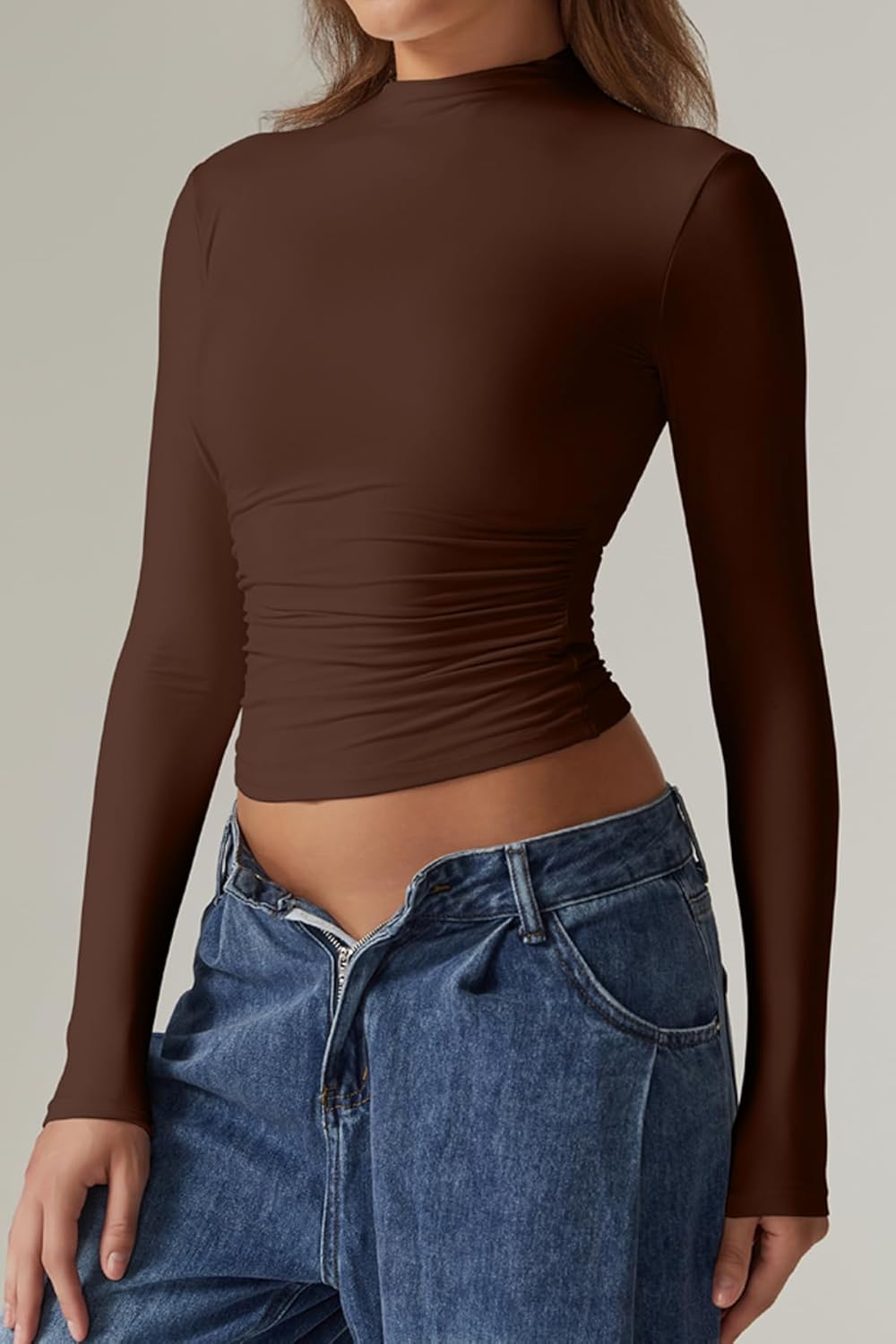 QINSEN Womens Mock Neck Long Sleeve Shirt Double Lined Basic Tees Side Ruched Going Out Crop Tops - Image 2