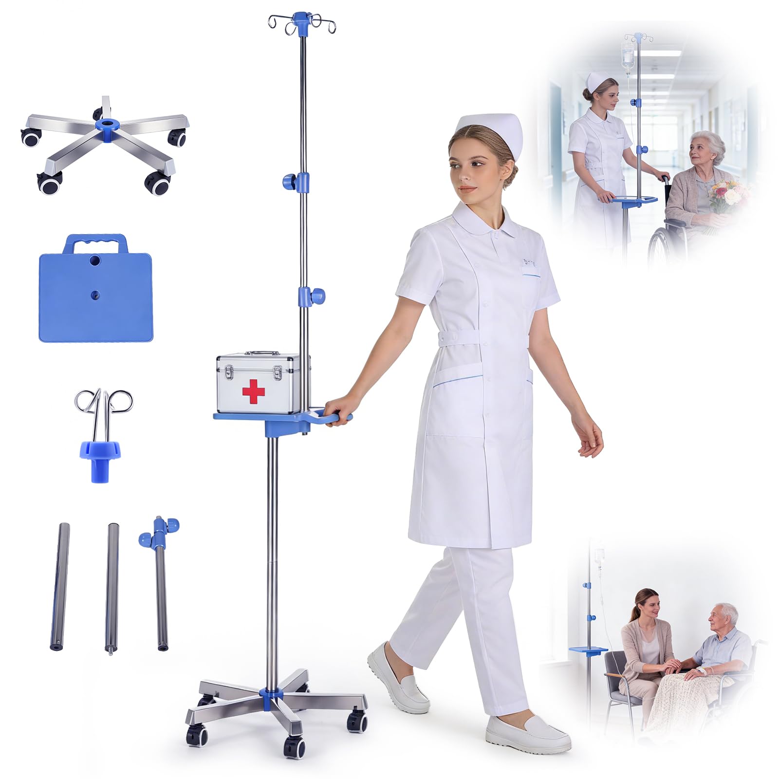 Supporto per infusione regolabile in acciaio inox con ruote, vassoio e 4 ganci, altezza regolabile 1,5-2 m, supporto a 5 gambe, portata 8 kg, per ospedale, clinica e casa