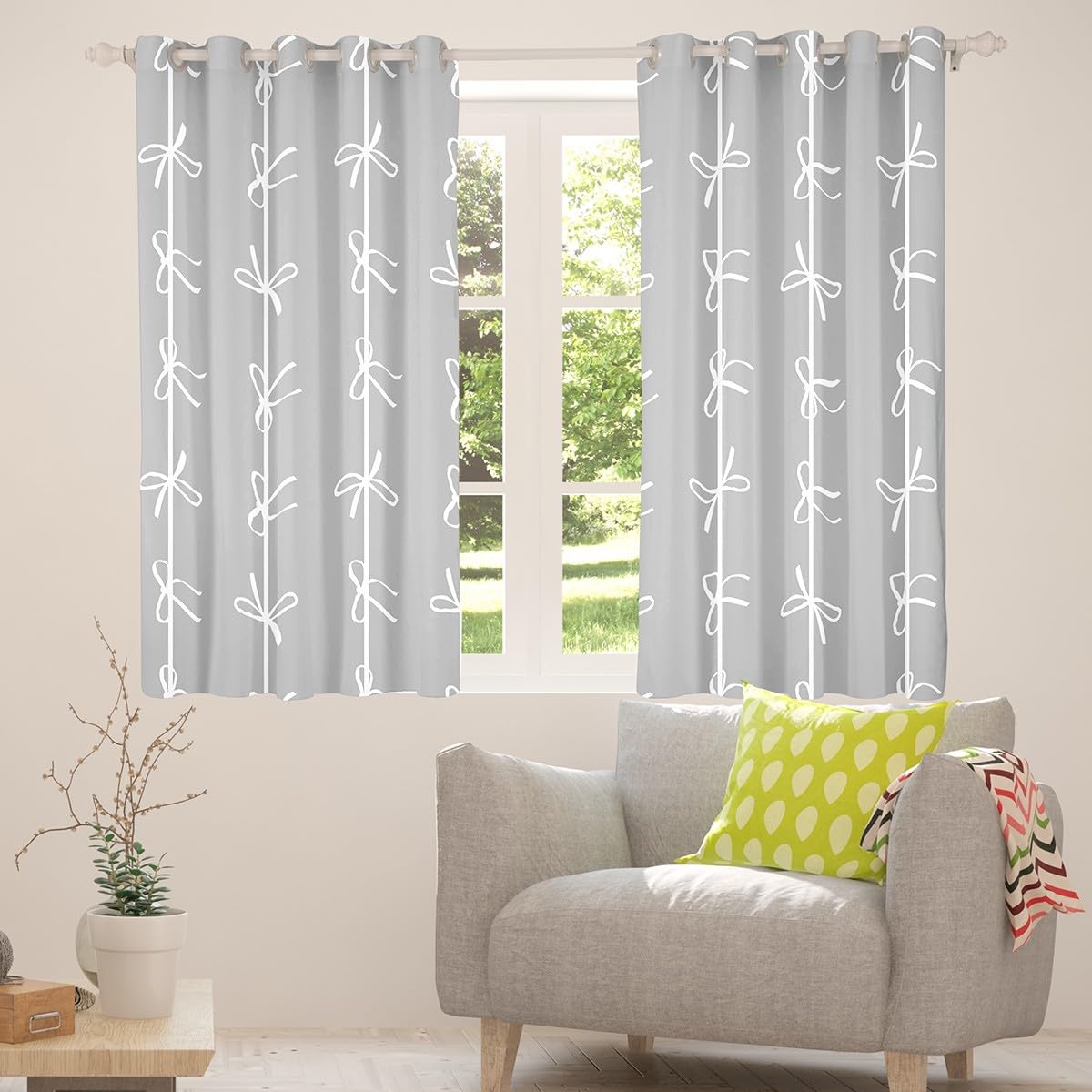 Homewish Zasłony okienne z kokardkami 168 x 183 cm, 2 zestawy paneli – szare kokardki w paski zasłony zaciemniające | wiejska kokardka wstążka wstążka ozdoby okienne zasłony kreskówka kokarda węzeł do