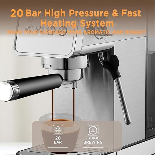 Miniatura 2 de Máquina de café expreso, 15 bar semiautomática con espumador de leche, cafetera compacta de acero inoxidable con tanque de agua extraíble de 40