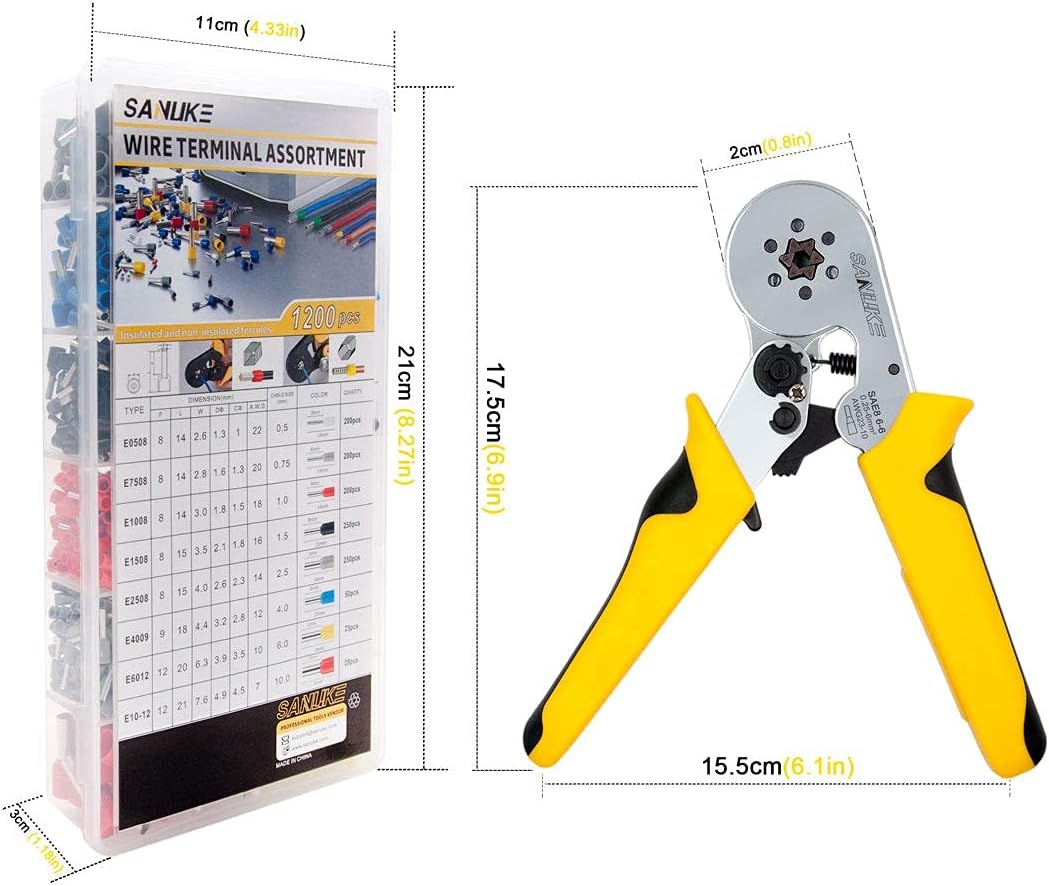 Sanuke Ferrule Crimping Tool Kit, Hexagonal Ferrule Crimper Self-Adjustable Ratchet Wire Crimper Plier with 1200PCS Ferrule Connectors Kit and 1 Pair of Gloves, AWG 23-10