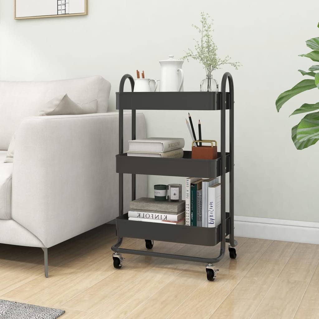 3-Etagen-Wagen Anthrazit 43x34x79 cm Stahl Aufbewahrungswagen mit Rollen und Bremsen für Büro Küche Haushalt Organizer Lagerung