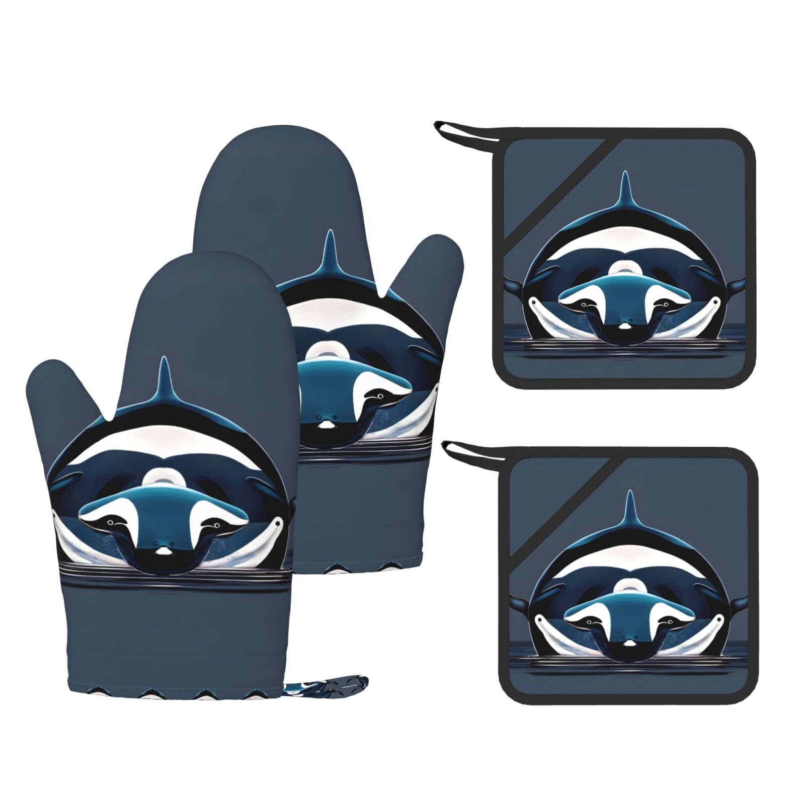 Orca Killer Whale Printed Kitchen Set with Heat Resistant Oven Gloves & Non-Slip Pot Holders for Daily Cooking