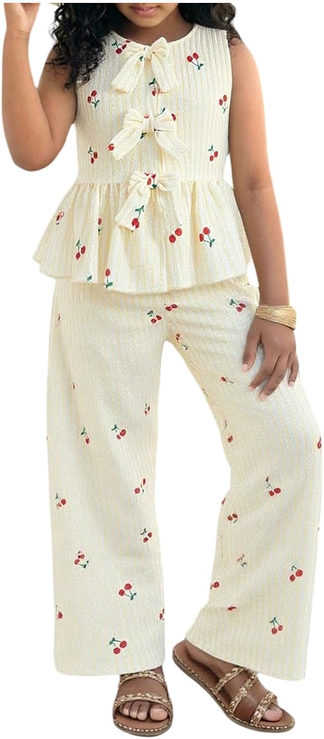 Floerns Girl's 2 Piece Outfit Cherry Bow Tank Peplum Tops and Striped Pants Clothing Set