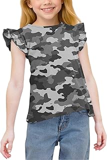 Camiseta interior para niña, verano, niños, camuflaje, cuello redondo, sin mangas, blusa de manga volante, blusa informal, camiseta deportiva de 3 a 15 años