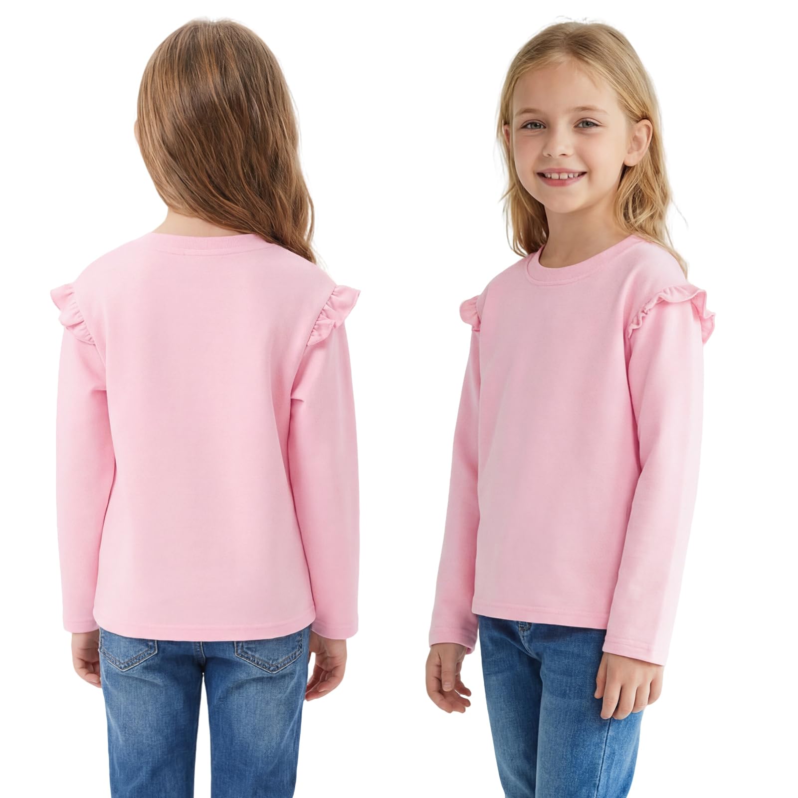 T-Shirt Bambina Ragazze Manica Lunghe Cotone Maglietta con Girocollo Unicolore Arricciate Tee Comoda Casual Base Top Sport Scuola Primavera Autunno Abbigliamento per Ragazza 6-12 Anni