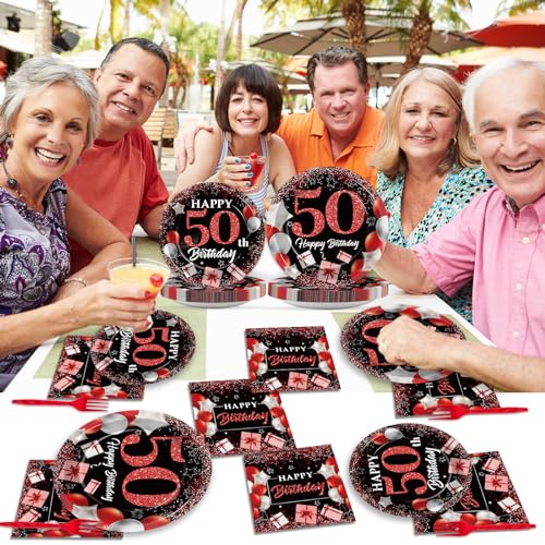 Image of gisgfim 96 Pcs 50th Birthday Plates and Napkins Party Supplies 50 Years Old Birthday Party Tableware Set Red Black Dinner Dessert Plates 50th Birthday Decorations Favors for Man Women for 24 Guests