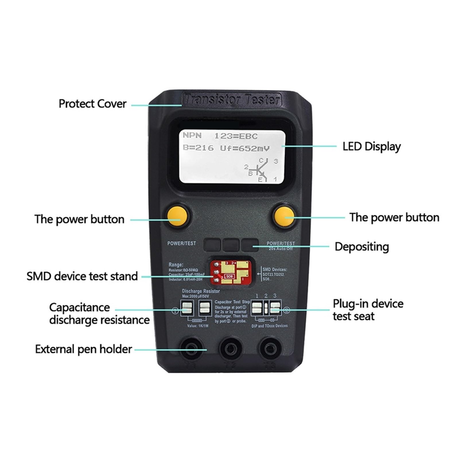 Multi-purpose Transistor ESR/SMD Tester Smart Diodo Triodo Misuratore Di Resistenza LCD Test MOS/PNP/NPN Lettura Rapida Accurata Facile(ESR02PRO-Test clip-01)