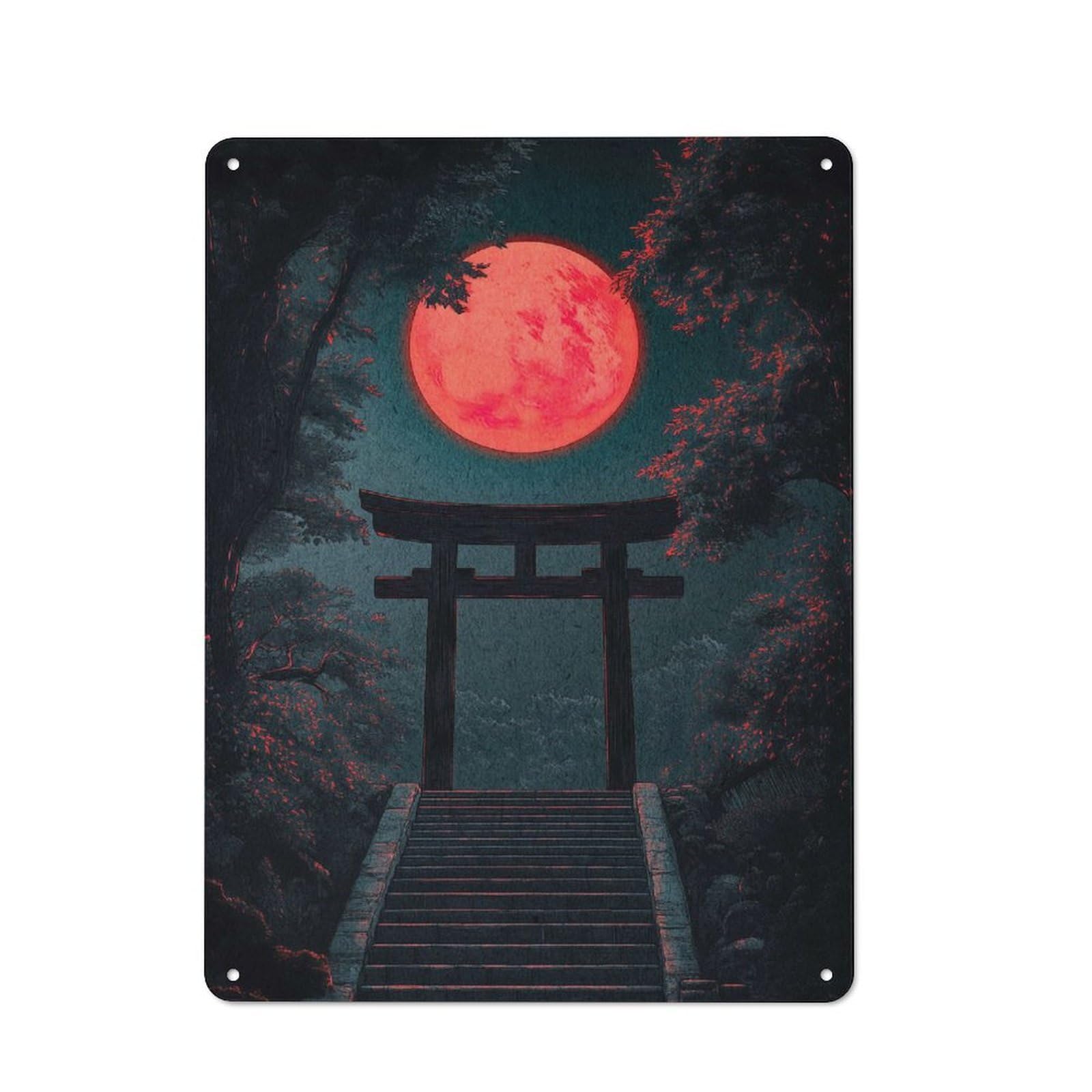 Junmoney Red Moon Torii Gate Classic Tin Wall Sign 40X30cm, Diner Style Decor For Coffee Bar, Kitchen, Bistro Or Tea Corner