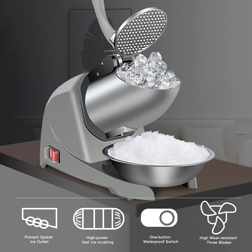 Máquina de cono de nieve 380 W, máquina de hielo afeitado de 3 cuchillas, máquina de afeitar de hielo de 280 libras/hora, trituradora de hielo eléctrica para evitar salpicaduras de nieve para 4