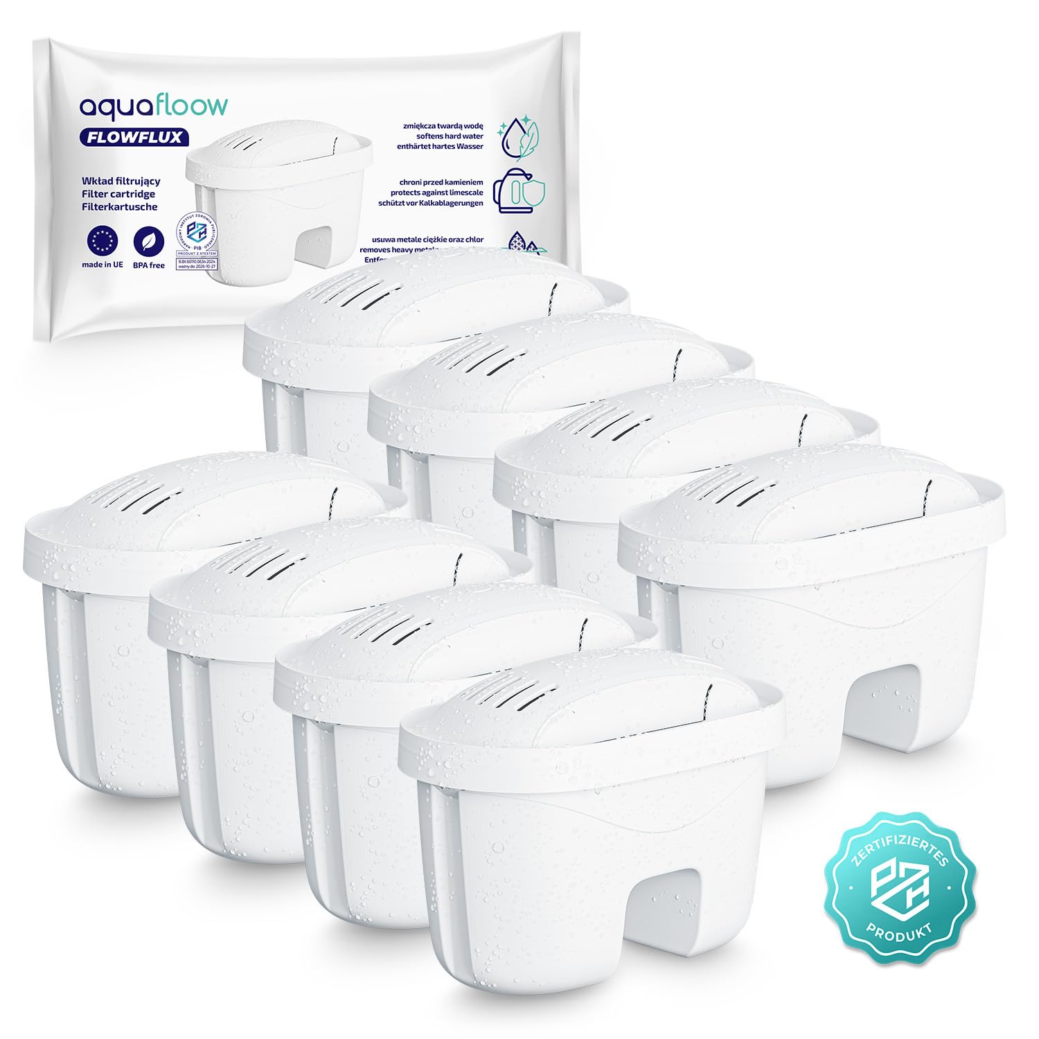 Aquafloow Wasserfilter Kartuschen Aquaflux 8 Stück | Kompatibel Laica Bi-Flux, Dafi Unimax | Filter mit Aktivkohle und Lonenaustauscherharz, Reduzierung von Kalk, Chlor