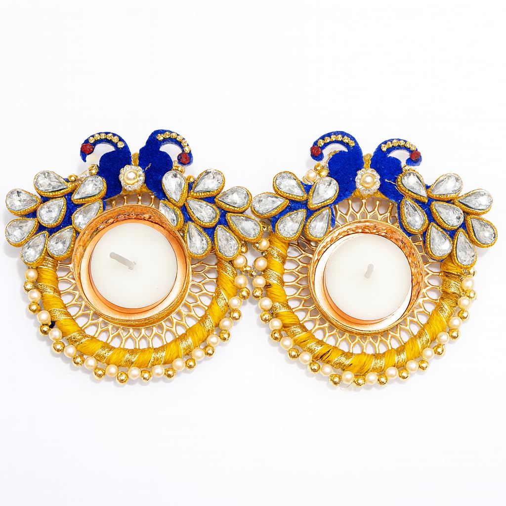 Vrindavanstore.in Yellow & Golden Peacock Tealight Candle Holder Set | Kundan Stone & Pearl Work Decorative Diya Stand for Diwali, Wedding, Mandir & Home Décor | Festive Gifting Pair-image-13