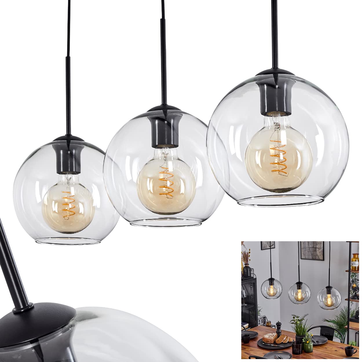 Hofstein Black Koyoto Hanging Lamp, Hanging Lamp Made Of Metal/Glass In /Clear, 3-Flame Lamp In Vintage/Retro Design With Glass Lampshades (Ø 20 Cm), Max. Height 152.5 Cm, 3 X E27, Bulbs Not Included