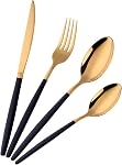 16 Pieces Flatware Set, This Silverware Set Contains Knives/Forks/Spoons Included, Elegant Utensil Tableware Sets for Eating, Serving for 4(Black&Gold)