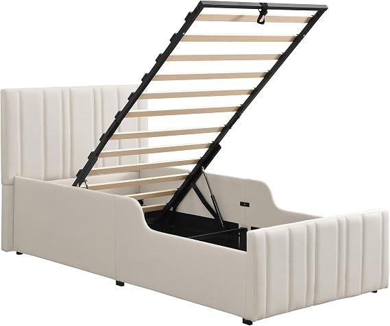 3ft Upholstered Single Bed Frame Ottoman Bed with Hydraulic Storage, Storage Beds Single Beds with Upholstered Headboard and Wooden Slat, 90x190 cm, Linen, Beige, No Mattress
