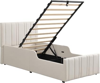 3ft Upholstered Single Bed Frame Ottoman Bed with Hydraulic Storage, Storage Beds Single Beds with Upholstered Headboard and Wooden Slat, 90x190 cm, Linen, Beige, No Mattress