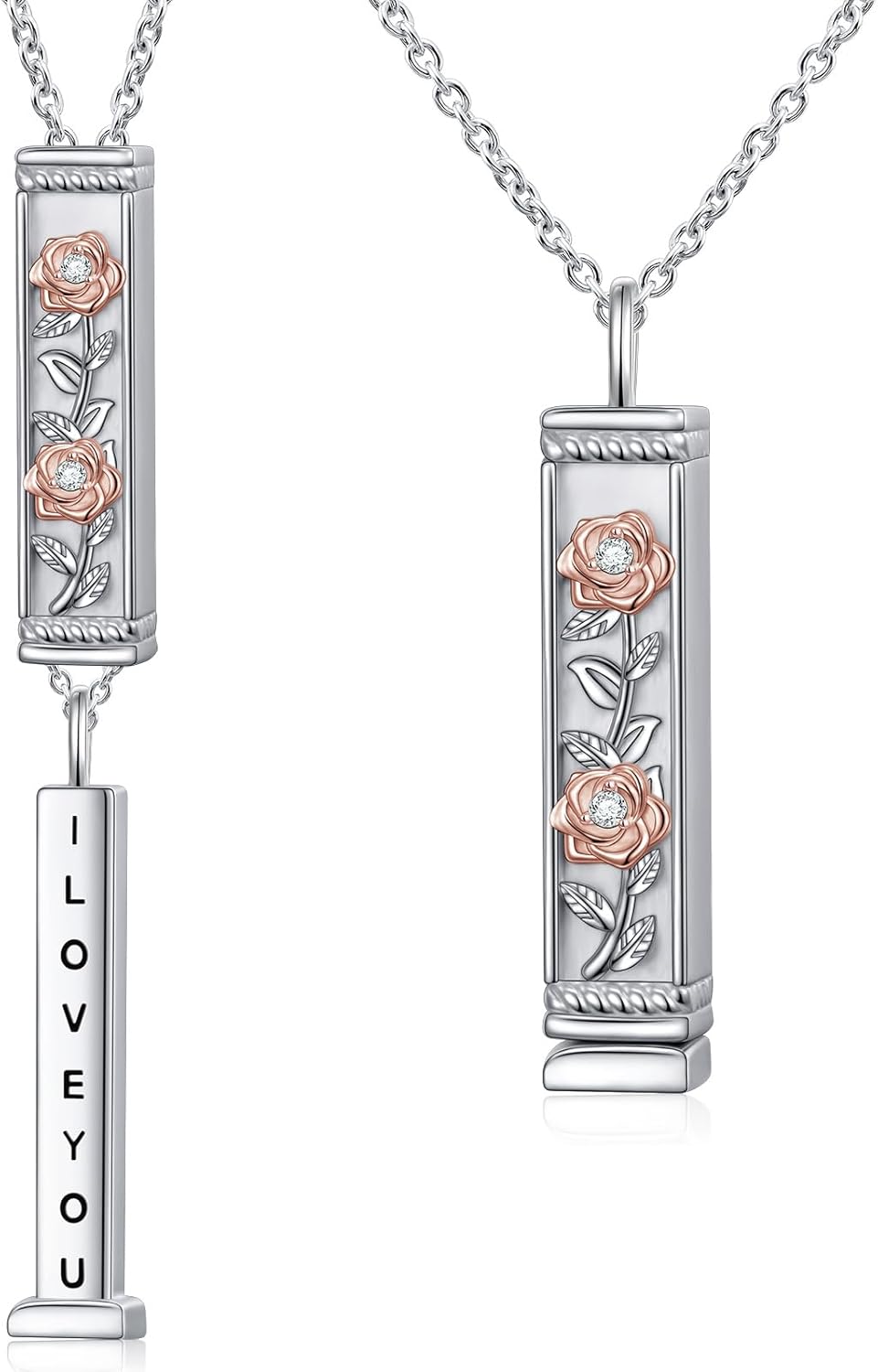 FLYOW I Love You Necklace Sterling Silver Rose Vertical Bar Necklace Engraved Hidden Message Two Tone Flowers Secret Square Tubes Pendant Jewelry Romantic Birthday Gifts for Women