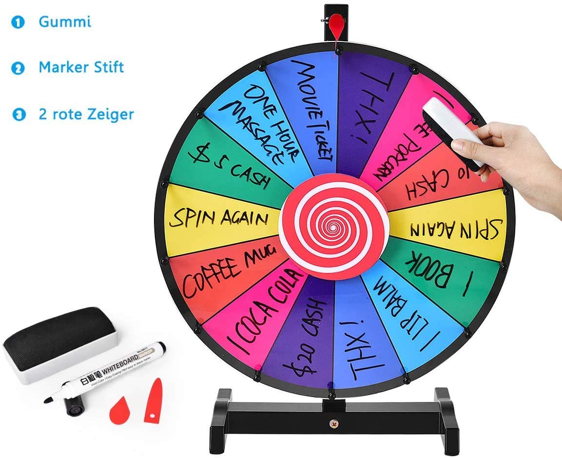 RELAX4LIFE 24” Glücksrad, Tischglückrad für Lotterspiele & Wortspiele, inkl. Radiergummi & Stift, ideal für Partys, Aktivitäten, Bankett, geeignet für Kinder & Erwachsenen, aus PVC & Kunststoff, bunt