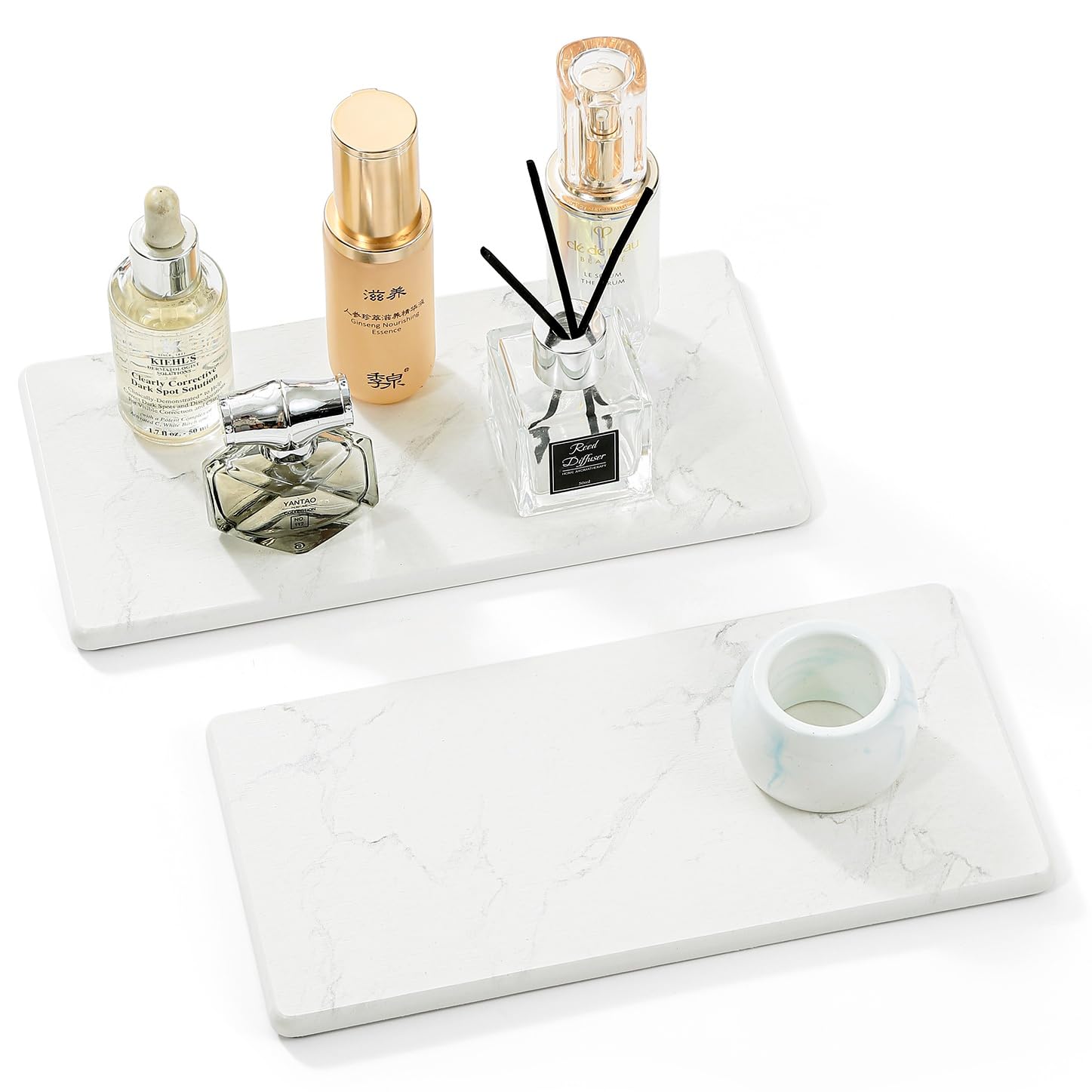2PCS 10"x 5" Large Bathroom Sink Vanity Trays, Water Absorbing Diatomite Stone Quick Drying Mat for Kitchen Counter, Dish Rack Dispensers Sponge Holder Caddy Organizer, Marble White, 10"x 5"