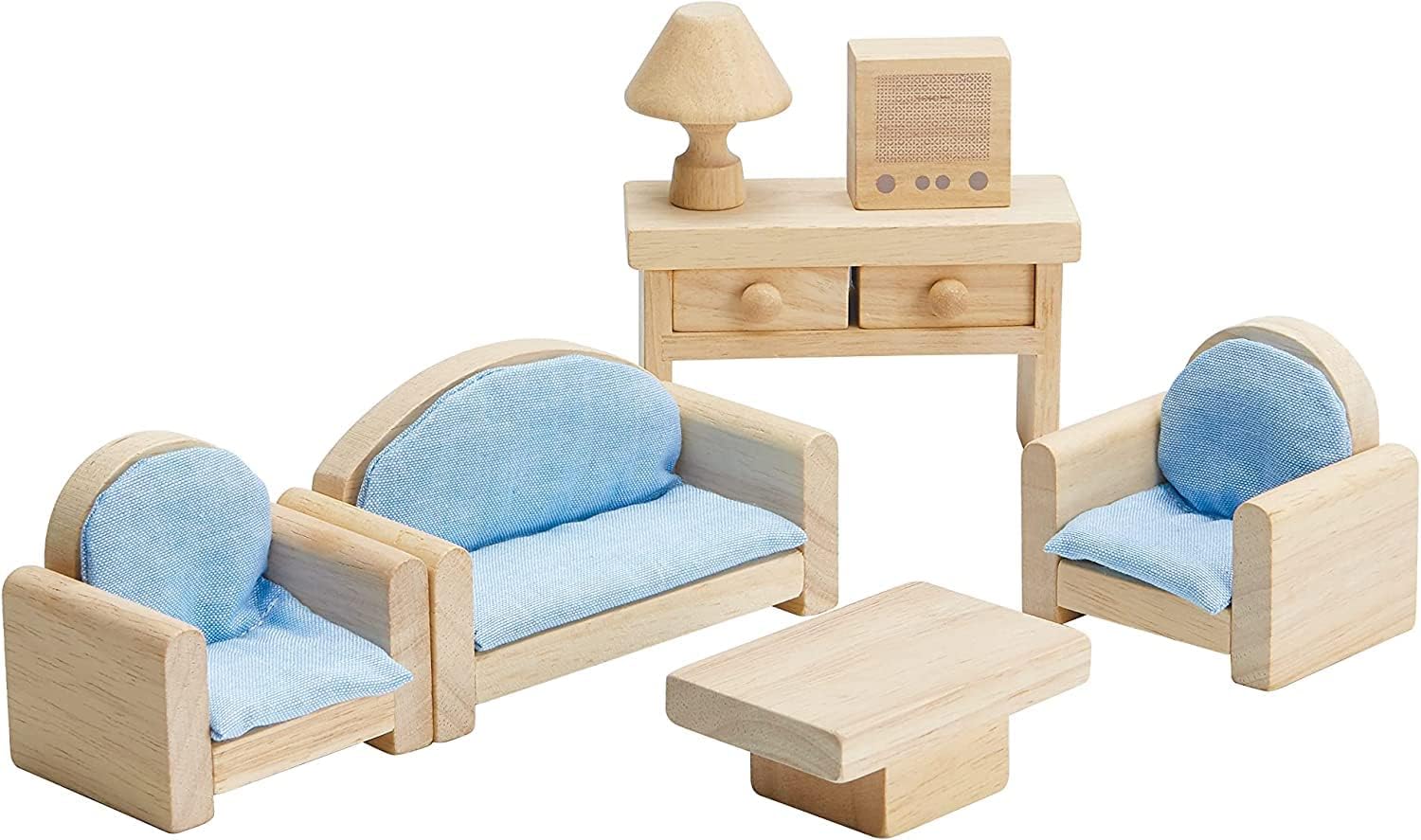 A set of classic wooden dollhouse furniture