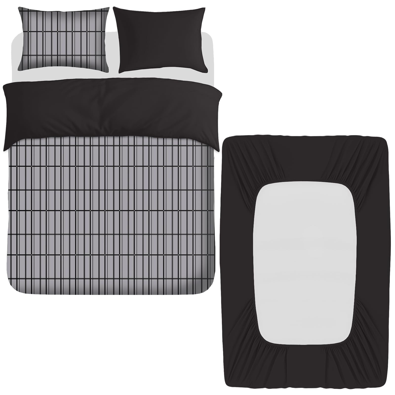 Pamposh 4 Pcs Double Duvet Set with Matching Black Double Fitted Sheet 40 cm Extra Deep Pocket - UltraSoft Breathable Premium Microfibre Reversible Quilt Cover Bedding Set For All Seasons