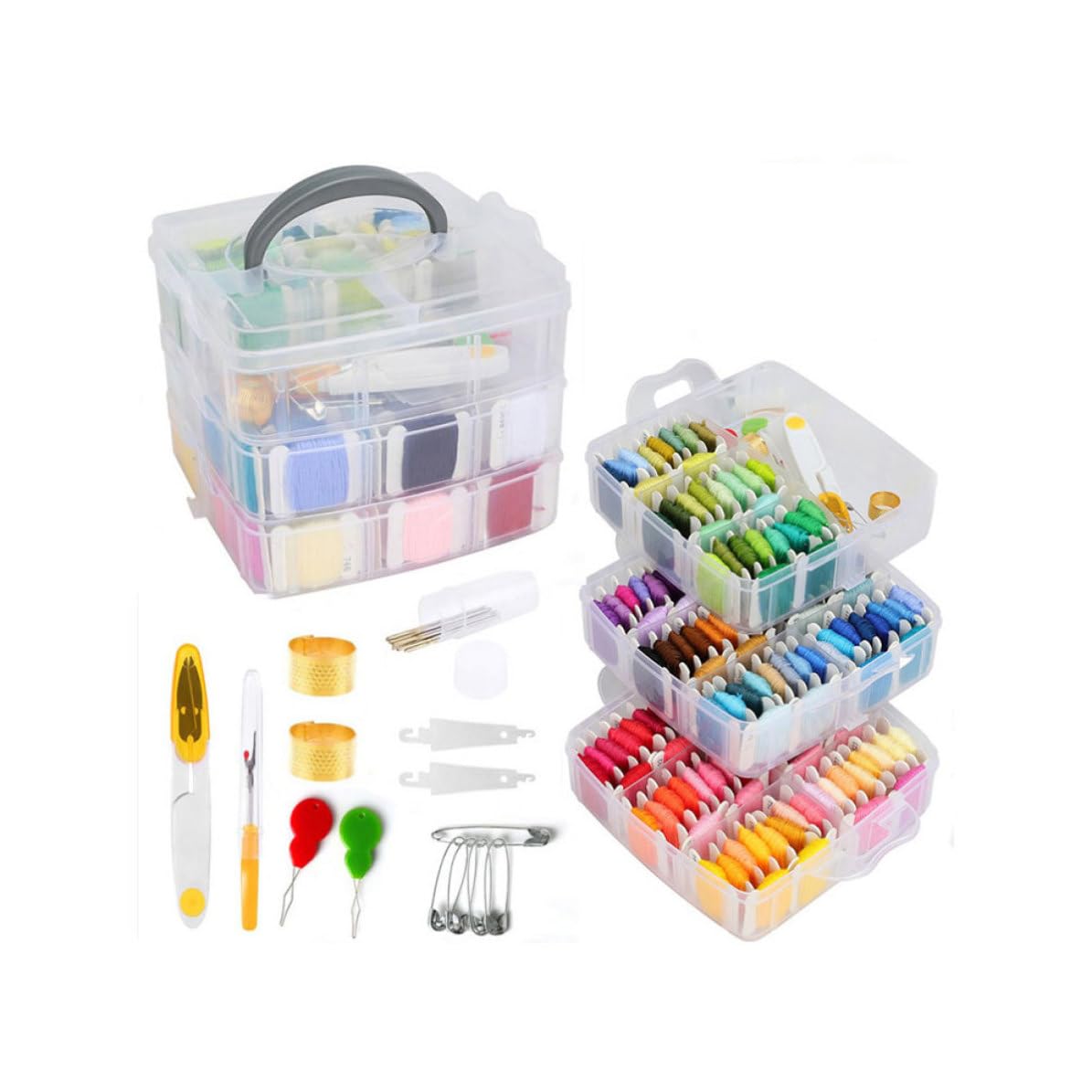 VILLCASE Kit per Ricamo, Set Fili da Ricamo, 150 Colori, Bobine Avvolte, in Metallo e Plastica, con Accessori e Scatola Portaoggetti, per Cucito Fai da Te a Casa, Donne e Ragazze