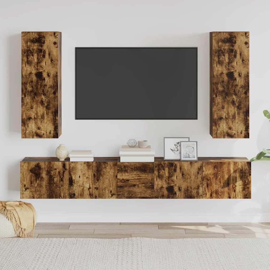 5-TLG. TV-Schrank-Set Räuchereiche Holzwerkstoff, Hängend, Modernes Media-Center, Wohnzimmer, Stabil, Feuchtigkeitsbeständig
