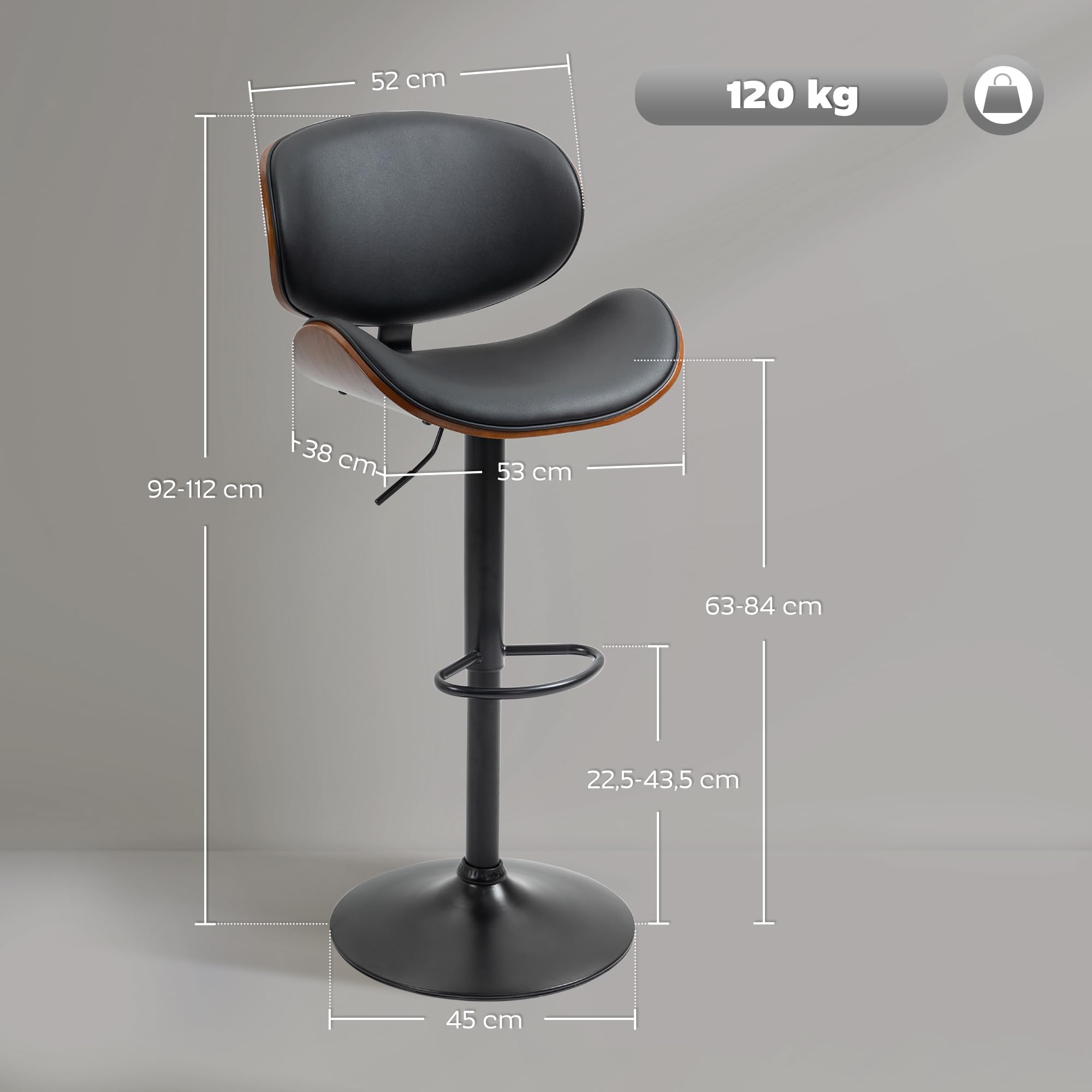 HOMCOM Lot de 2 Tabourets de Bar Dossier Hauteur Réglable Pivotant Noir