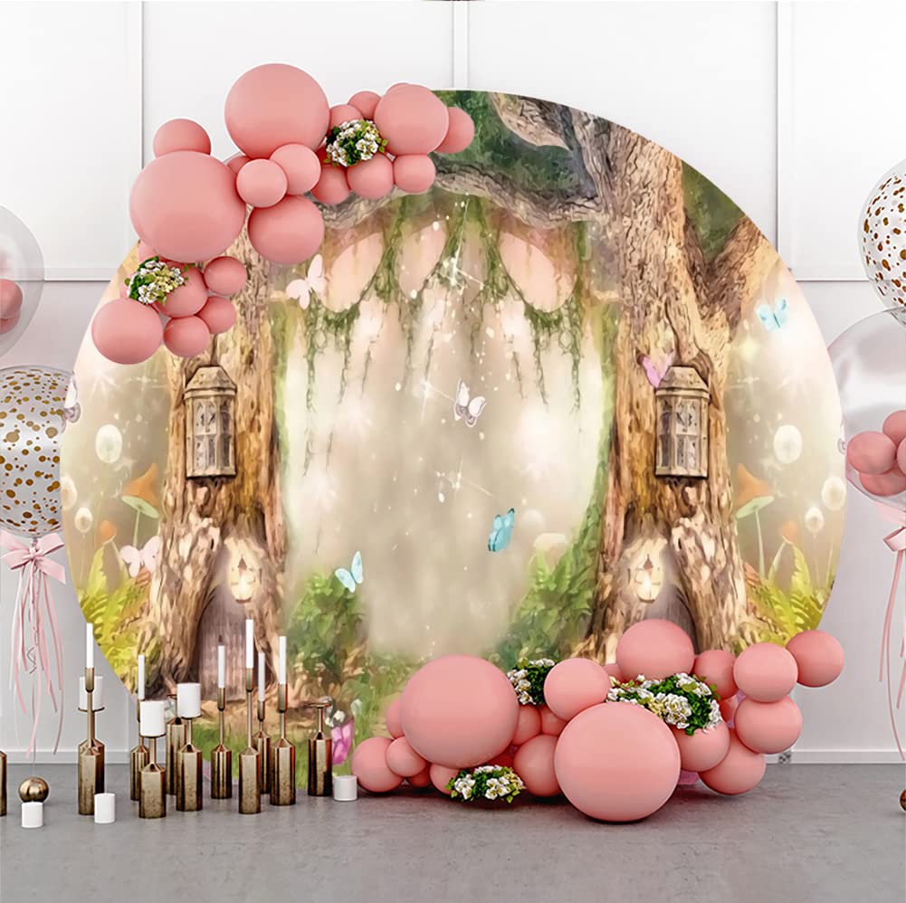 Yeele 7.2x7.2ft Fairy Tale Forest Round Backdrop Cover Cartoon Fairy Tale Forest Enchanted Garden Butterfly Natural Scenery Circle Background for Baby Girls Portraits Photo Studio Props Supplies