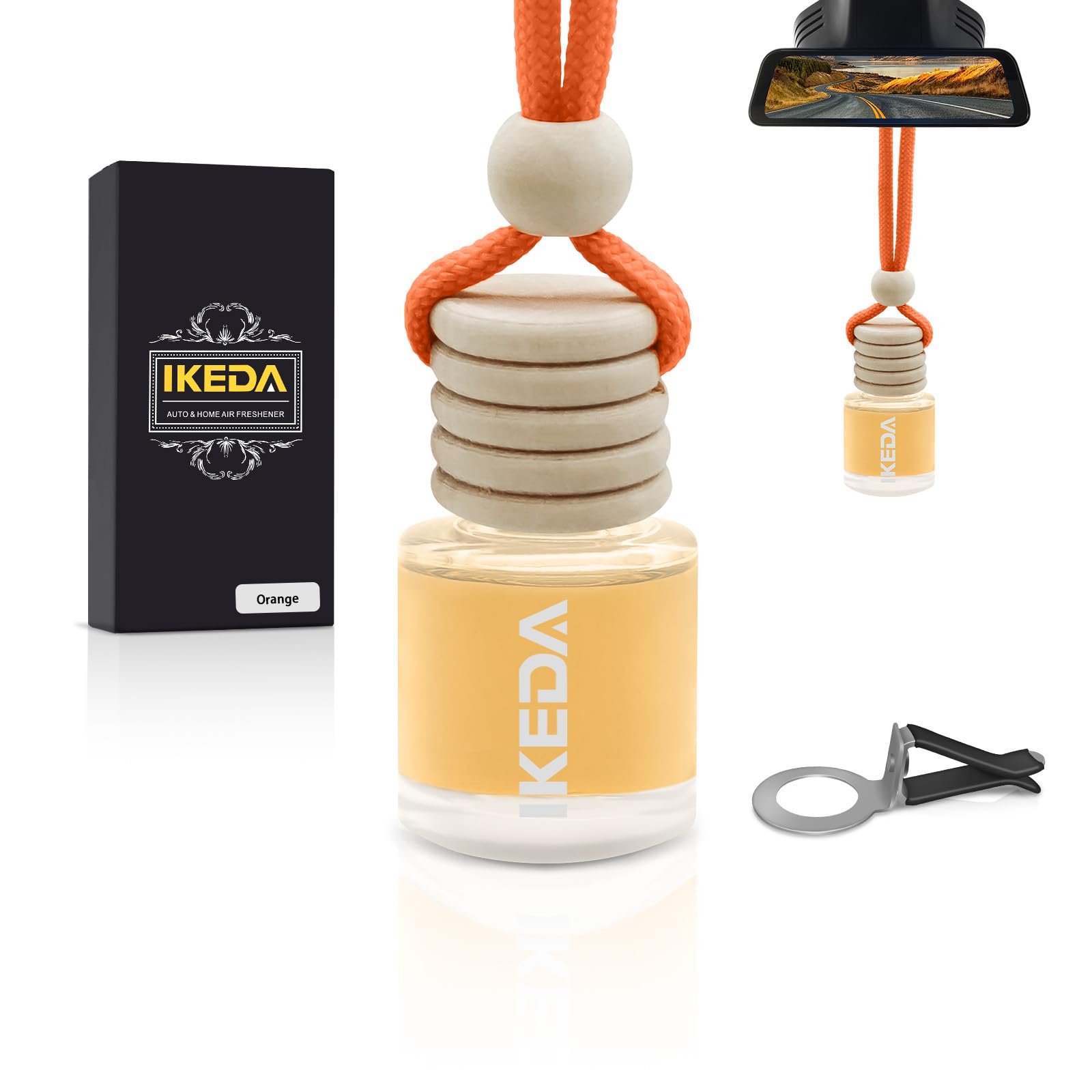 Ikeda Car Air Freshener Hängend, 45 Tage Lang, Mit Clip & Edlem Glas, Fruchtige Düfte (Kaffee, Beeren, Zitrone，Orange), Duftbaum für Innenraum, 10 ml