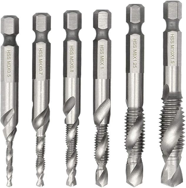 Saipor 6pcs Combination Drill and Tap Bit Set(M3-M10) HSS 1/4" Hex Shank Metric Countersink Tap Drill Bit for Wood, Plastic, Aluminum, Copper