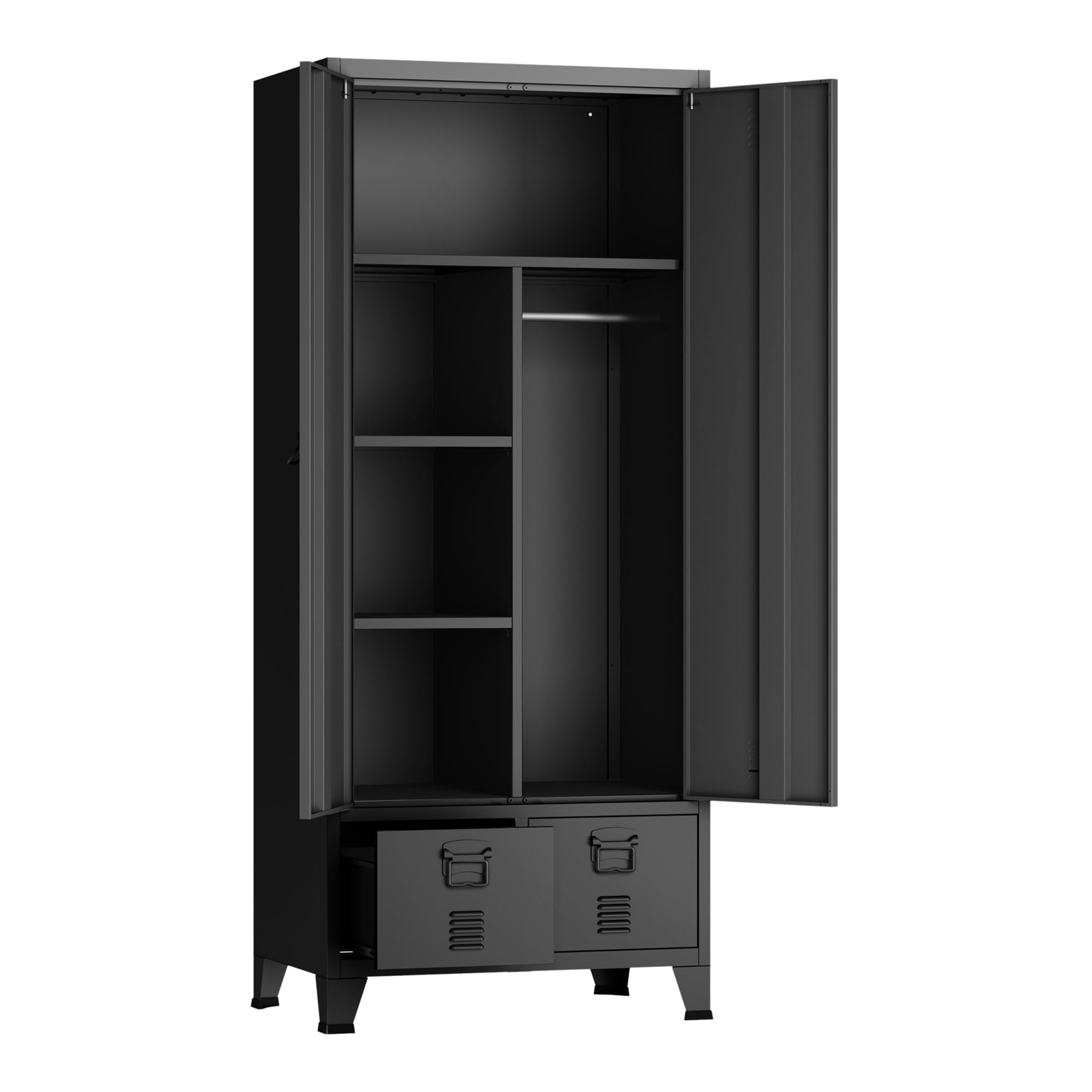 [en.casa] Armario Ropero Hankasalmi Armario Dormitorio Guardaropa 2 Puertas con Ranuras de Ventilación Perchero 4 Compartimentos Estantes Regulables 2 Cajones Acero 180 x 90 x 40 cm - Negro