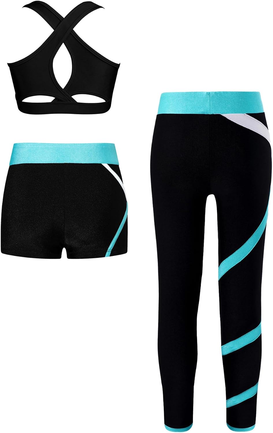 Hularka Kids Competition Gymnastics Outfit Crop Top with High Waist Shorts and Leggings Set Cyan 14 Years