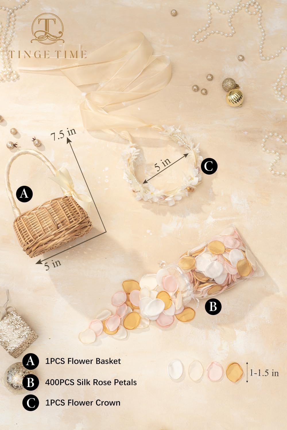 TINGE TIME Set of 3 Artificial Flowers Decoration Wedding Basket for Flower Girl with Flower Crown, Flowers Basket, 400pcs Silk Rose Petals (Champagne & Pink)
