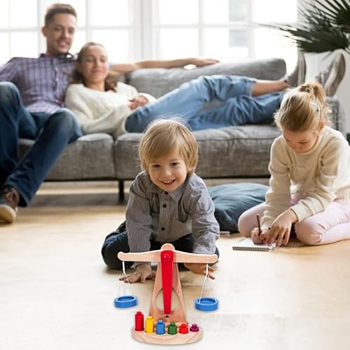 Miniatura 4 de Balanza de equilibrio de madera, juguete de aprendizaje de matemáticas, báscula de pesaje para niños, herramientas educativas con 6 pesos