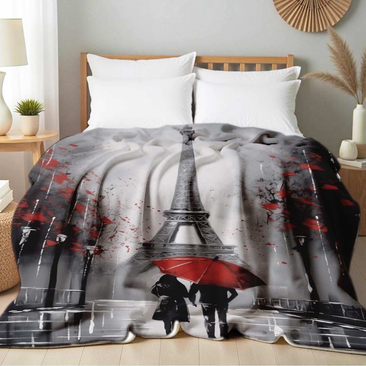Red Paris Print Flannel Blanket Romantic Red Umbrella Couple Throw Blanket for Bed Sofa for Her Him Queen Size Bedding Decor (49"x59")