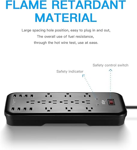 Miniatura 3 de KMC Regleta de protección contra sobretensiones de 12 salidas con 8 puertos de carga USB (5V10A), 2500J, cable de 6 pies