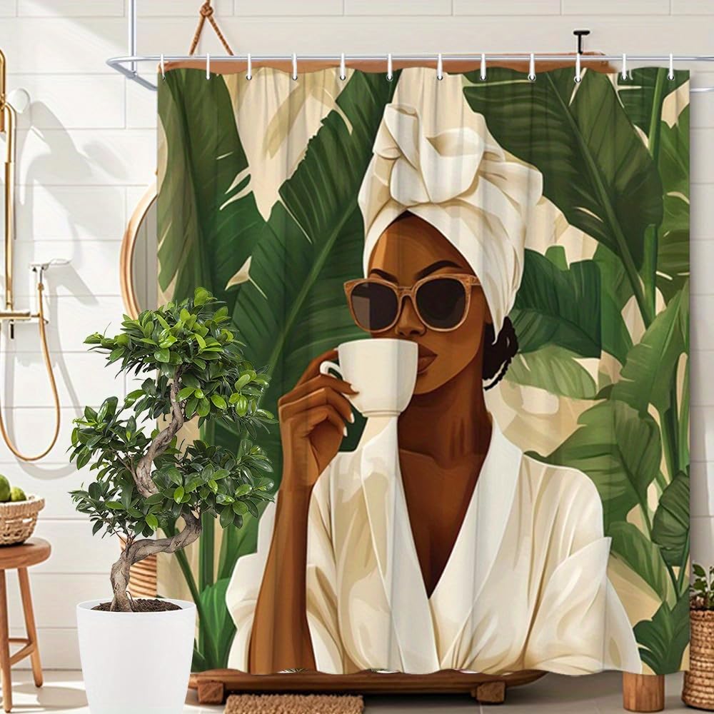 GLWDMB 1 Piece 180x200CM Stylish African-American Woman Printed Shower Curtain With Hook, Polyester, for Windows And Walls, Bathtub, Bathroom, Machine Washable, All Season Universal