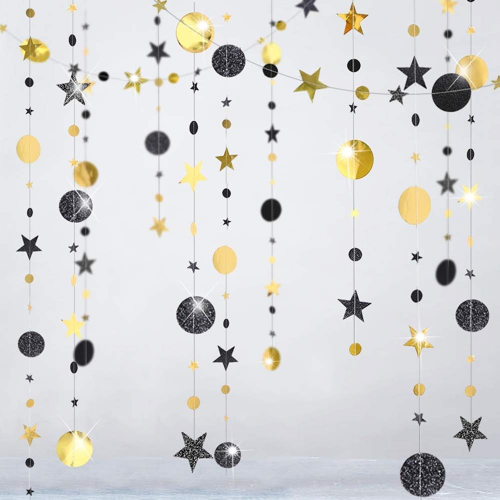 2 Pieces 26 ft Circle Dots Garlands Glitter Paper Garland Hanging Streamer Backdrop Decor Circle Dot Heart Streamer for Birthday Party Decorations Wedding Graduation New Years Supplies Black