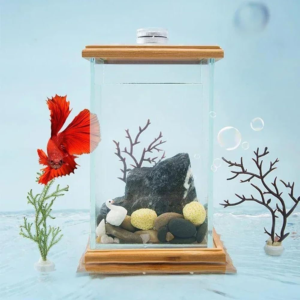Betta Fish Tank, bambusowa plastikowa obrotowa miska na ryby z lekką pokrywką, przezroczyste 360° ozdobne akwarium do dekoracji wnętrz, do użytku na biurku, przezroczysta, prostokątna konstrukcja