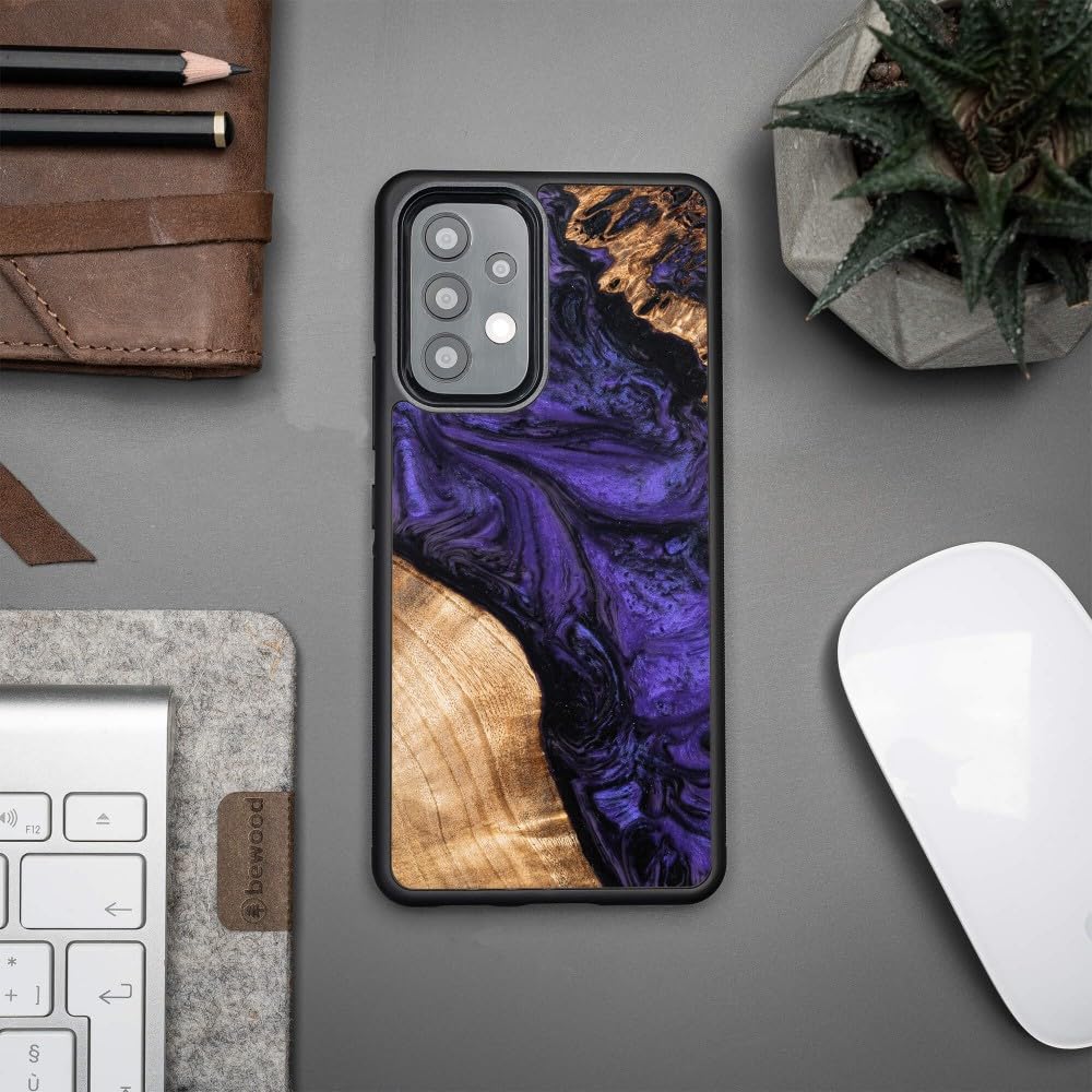 Unikalne etui z prawdziwego drewna kompatybilne z Samsung Galaxy A53 5G, motyw fioletowy, drewno bocote, ręcznie wykonane, odporne na uderzenia, matowe polerowanie