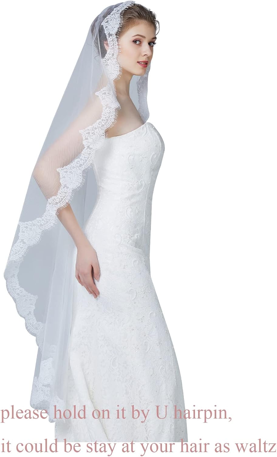 Wedding Bridal Mantilla Veil Eyelash Chantilly Lace Trim Waltz Cathedral Length Ivory White